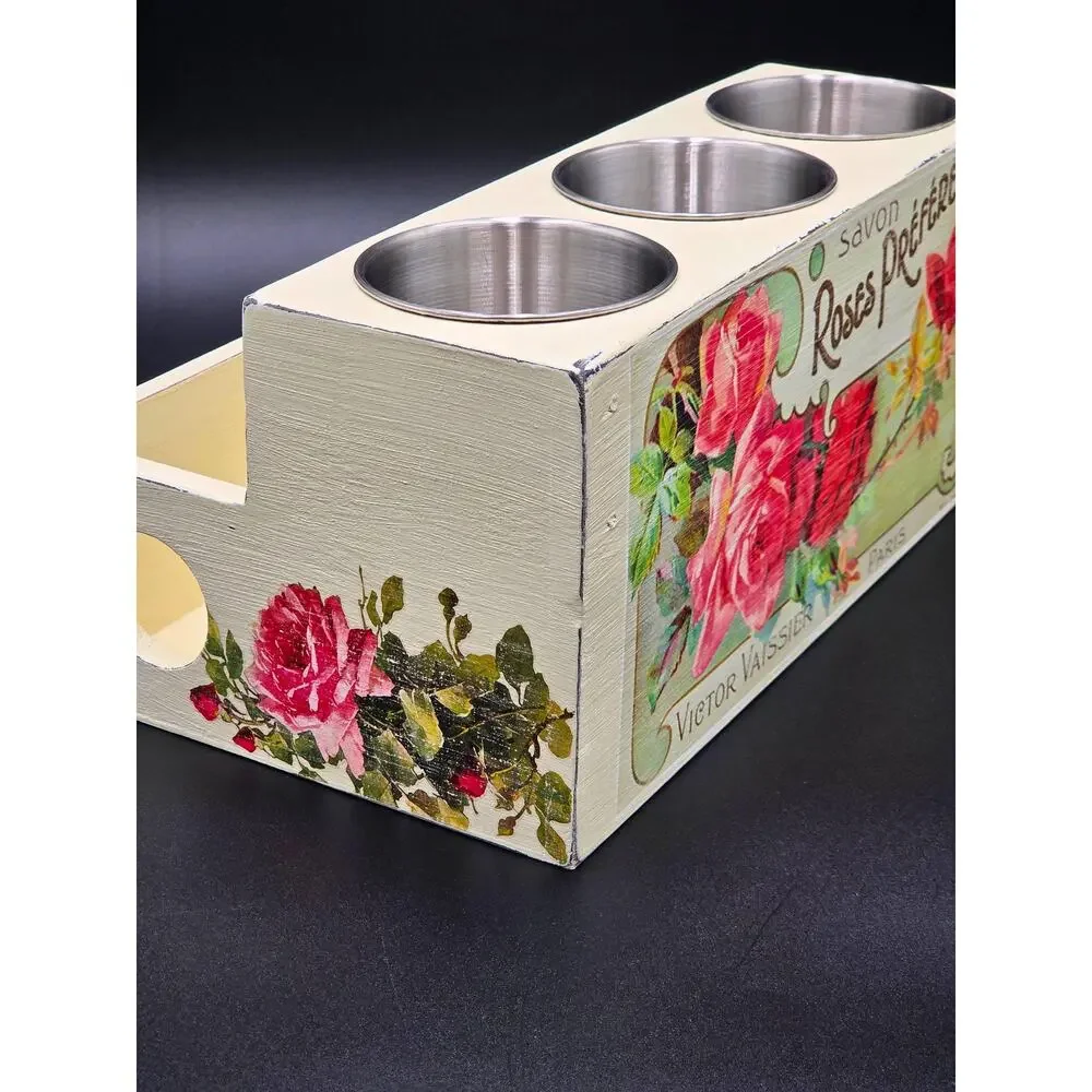 Cream Floral Wooden Desk Organizer – 3 Metal Cups & Front Storage Slot